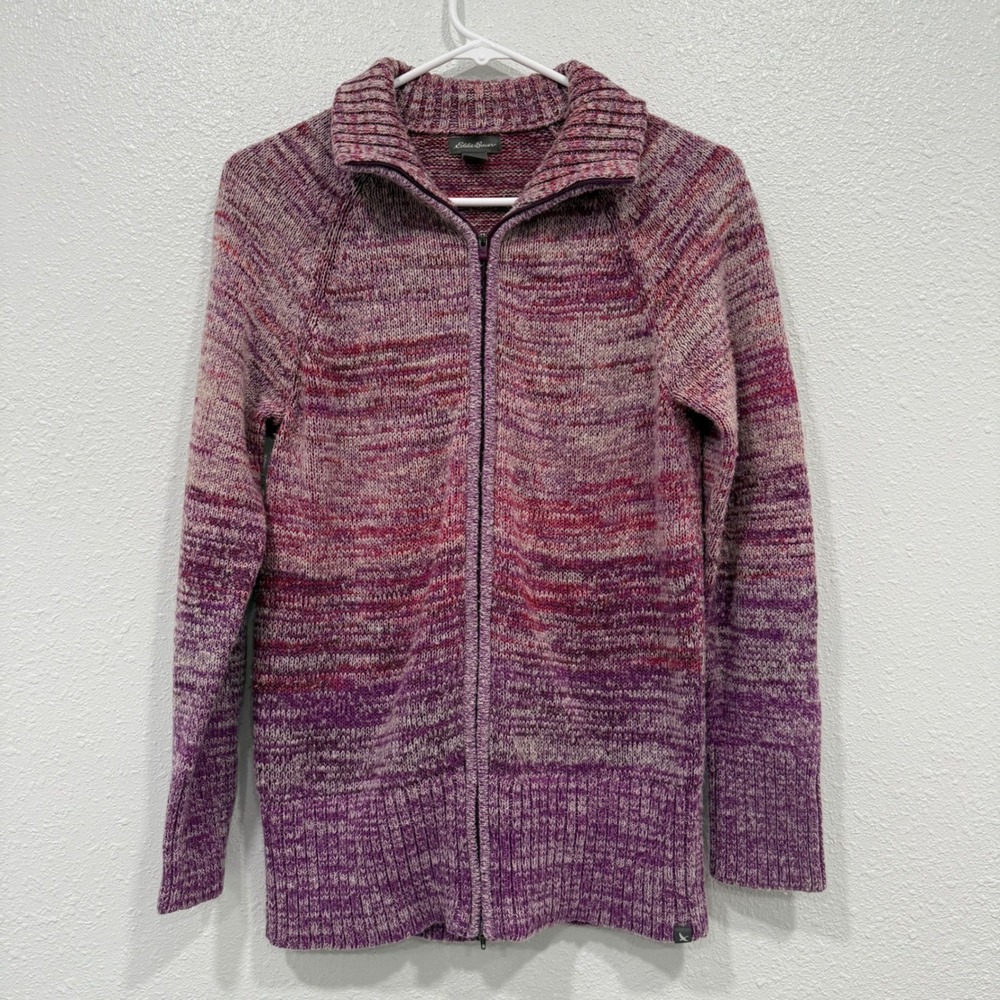 Eddie Bauer Women Purple Space Dye Full Zip Cotton Blend Knit Sweater Cardigan M
